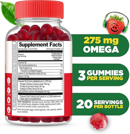 Lifeable Omega 3 for Kids Gummies | with Vegan DHA Supplement | Kids Omega 3 Fish Oil Alternative from Plant Based Flaxseed Oil | Great Tasting Supplement | 60 Gummies