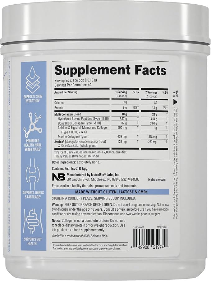 NutraBio Multi Collagen Powder - Hydrolyzed Collagen Peptides for Glowing Hair & Skin - Grass-Fed - Collagen Powder for Women and Men - 40 Servings- Unflavored