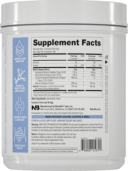 NutraBio Multi Collagen Powder - Hydrolyzed Collagen Peptides for Glowing Hair & Skin - Grass-Fed - Collagen Powder for Women and Men - 40 Servings- Unflavored