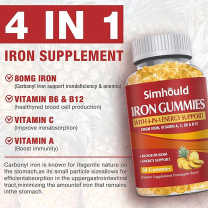 1 Pack Vegan 80MG Iron Supplement Gummies for Women & Men - Vitamin A, C, B for Adults & Kids - Blood & Builder & Energy Support for Iron Deficiency, Anemia - 60 Counts Pineapple Flavor Gummies