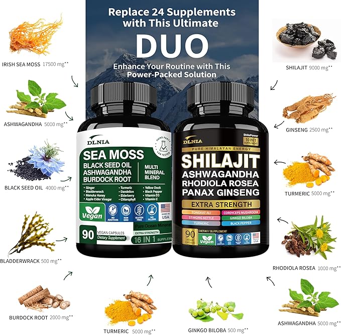 Shilajit 9000mg, Sea Moss 17500mg, Ginger & Black Seed Oil 4000mg, Ashwagandha 5000mg, Rhodiola Rosea, 1000mg Panax Ginseng 1500mg, All in 1 Supplement - Sea Moss & Shilajit Vitality Bundle