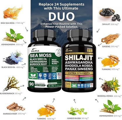 Shilajit 9000mg, Sea Moss 17500mg, Ginger & Black Seed Oil 4000mg, Ashwagandha 5000mg, Rhodiola Rosea, 1000mg Panax Ginseng 1500mg, All in 1 Supplement - Sea Moss & Shilajit Vitality Bundle