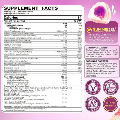 Multivitamin for Women 50 Plus Gummies, Vegan Omega 3, Methylfolate, Calcium, D3 K2, CoQ10, Daily Vitamin A C E, Methylated B12, Biotin, B Complex, Zinc - Bone, Energy, Longevity - Sugar Free, 60Count