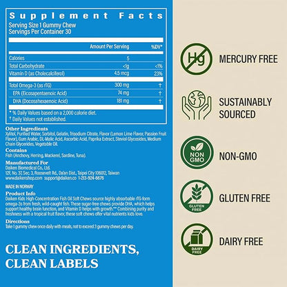 DAIKEN High Concentration Kids Fish Oil Omega-3 Gummies, No Sugar Added, Individually Wrapped, 300 mg Omega-3 (DHA & EPA) with Vitamin D3 for Kid, 30 Count, Tropical Fruit Flavor, Norwegian Sourced
