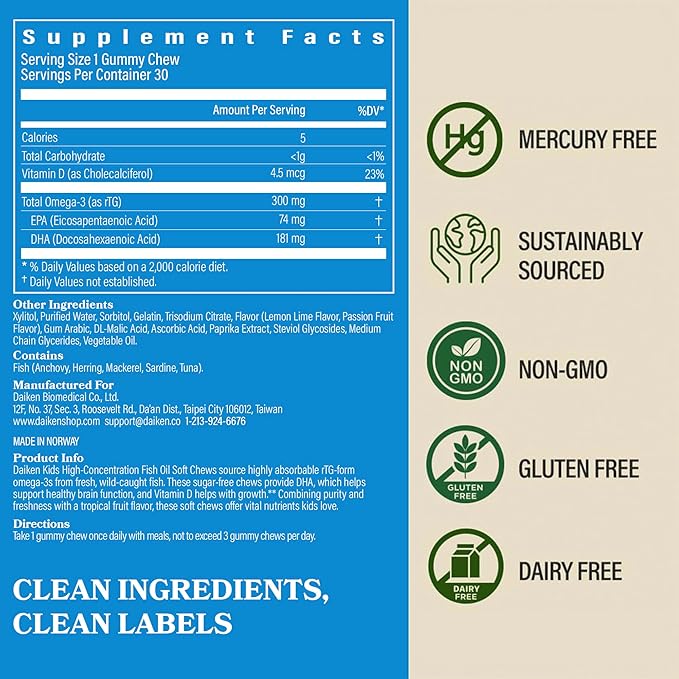DAIKEN High Concentration Kids Fish Oil Omega-3 Gummies, No Sugar Added, Individually Wrapped, 300 mg DHA & EPA with Vitamin D3 for Kid, 30 Count, Tropical Fruit Flavor, Norwegian Sourced (Pack of 2)