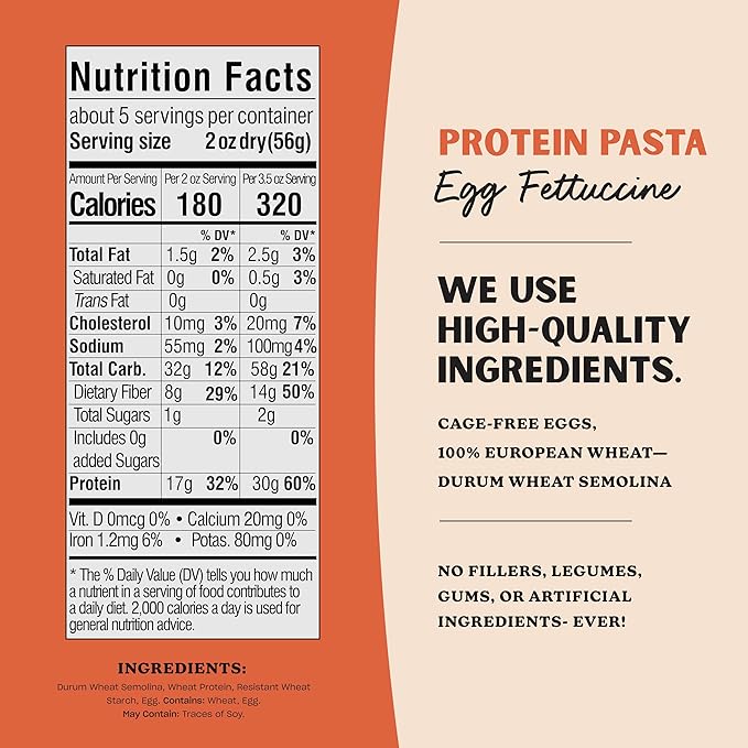 Al Dente Protein Pasta Egg Fettuccine – 30g High Protein in 3.5oz Serving, Lower Carb, High Fiber. Cage-Free Eggs & Semolina. (Previously Carba-Nada, Packaging May Vary) - 10oz Bags (Pack of 2)