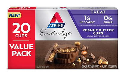 Atkins Caramel Almond Clusters, Gluten Free, High in Fiber, 1g Sugar, 2g Net Carb, Keto Friendly, 20 Count & Endulge Peanut Butter Cups, Dessert Favorite, Low Carb, 0g Sugar, 20 Count