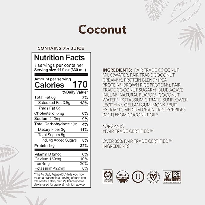 ALOHA Organic Plant-Based Protein Drink – Coconut Flavor | 18g Protein, 5g Sugar, 3g Fiber | Made with Creamy Coconut Milk, Fair Trade Certified, No Stevia | Vegan, Non-GMO, Gluten-Free, 11 fl oz (12 Pack)