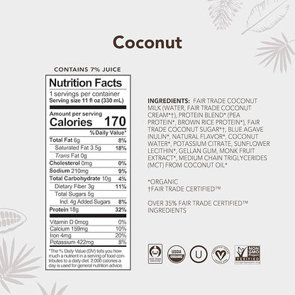 ALOHA Organic Plant-Based Protein Drink – Coconut Flavor | 18g Protein, 5g Sugar, 3g Fiber | Made with Creamy Coconut Milk, Fair Trade Certified, No Stevia | Vegan, Non-GMO, Gluten-Free, 11 fl oz (12 Pack)