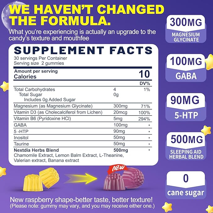 Nextdia Melatonin Free Sleep Gummies, with Magnesium Glycinate, GABA, 5-HTP, L-Theanine, Valerian, Chamomile, Lemon Balm, Vitamin D3 & B6 - Hormone & Drug- Free, Non-Habit Forming,Sugar Free