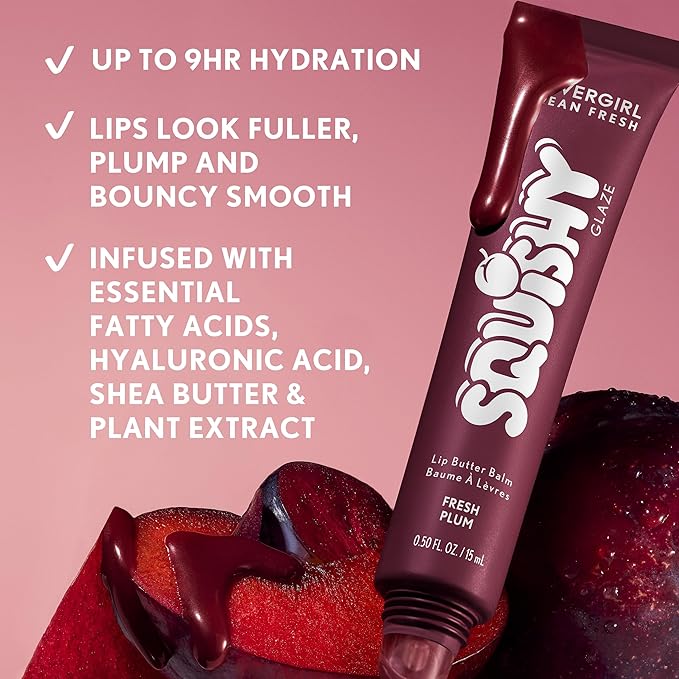 COVERGIRL Clean Fresh Squishy Glaze™ Lip Butter Balm, Flavored, Non-Sticky, with Vitamin E & Shea Butter – 160 Fresh Plum (Sheer Burgundy Plum)