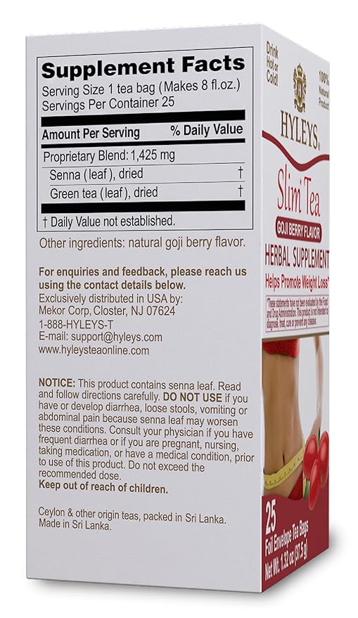 Hyleys Slim Tea Goji Berry Flavor - Weight Loss Herbal Supplement Cleanse and Detox - 25 Tea Bags (12 Pack)