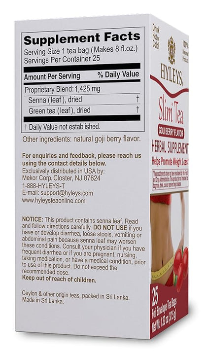 Hyleys Slim Tea Goji Berry Flavor - Weight Loss Herbal Supplement Cleanse and Detox - 25 Tea Bags (12 Pack)