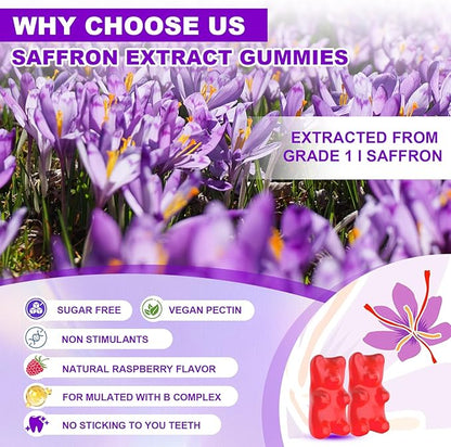Saffron Gummies, 10-in-1 Saffron Supplements for Kids & Adults with 88.5mg Saffron Extract, for Emotions, Zzz, Sugar Free, Raspberry Flavor, 60 Count