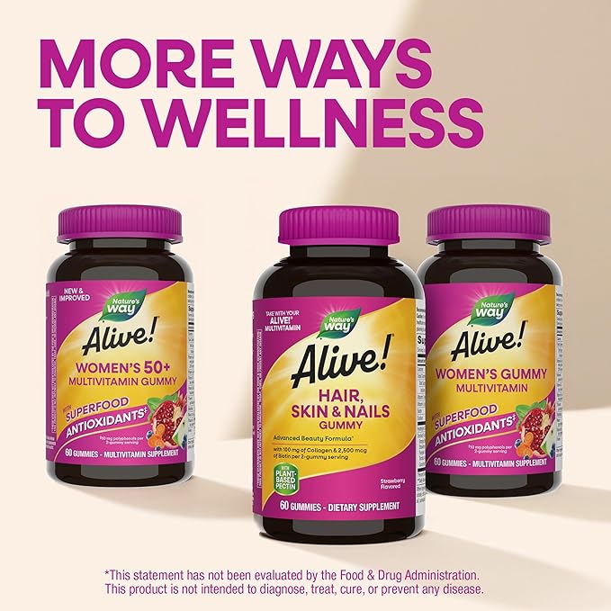 Nature’s Way Alive! Hair, Skin & Nails Gummies with Collagen and Biotin, Advanced Beauty Formula Supplement with Antioxidant Vitamins C & E*, Strawberry Flavored, 60 Gummies