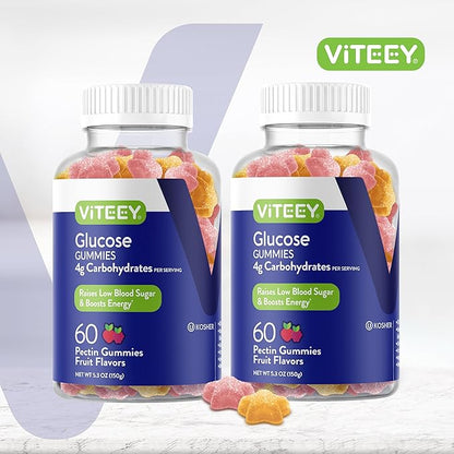 Viteey Glucose Gummies - 4g of Carbohydrates - Fast Acting Alternative to Glucose Tablets - Energy and Blood Sugar Support - Vegan, Gluten Free, Gelatin Free - 120 Count