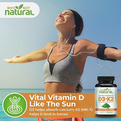 Why Not Natural Vitamin D3 K2 (MK-7) with Organic Spirulina, 10000 IU Extra Strength Supplement in Veggie Capsules, Supports Bone Health, Immune System and Mood