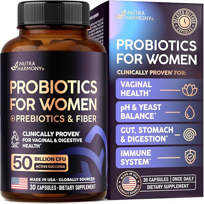 Probiotics for Women 50 Billion CFU - Vaginal Probiotics Clinically Proven for Yeast & pH Balance - Digestion & Bloating Relief - 8 Strains + Prebiotics - Delay Release - Made in USA, 30 Capsules