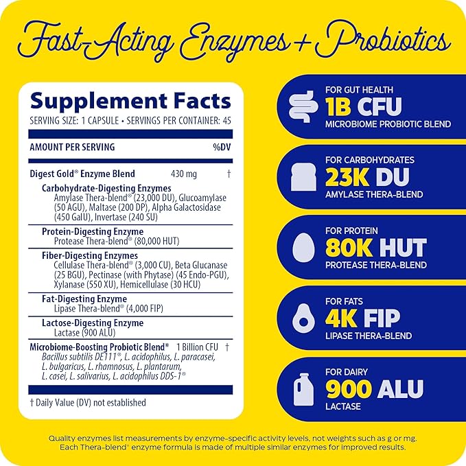 Enzymedica Digest Gold + Probiotics, 2-in-1 Digestive Enzymes & Probiotic Support, Promotes Gut Health with 1 Billion Active Cultures, 45 Capsules
