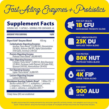Enzymedica Digest Gold + Probiotics, 2-in-1 Digestive Enzymes & Probiotic Support, Promotes Gut Health with 1 Billion Active Cultures, 45 Capsules