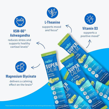 Nello Supercalm Powdered Drink Mix, Cortisol Reducer and Sleep Aid Supplement, L Theanine, Ksm-66 Ashwagandha, Magnesium Glycinate, Vitamin D 3, No Sugar, Non GMO, On The Go, 20 Ct, Cucumber Lime