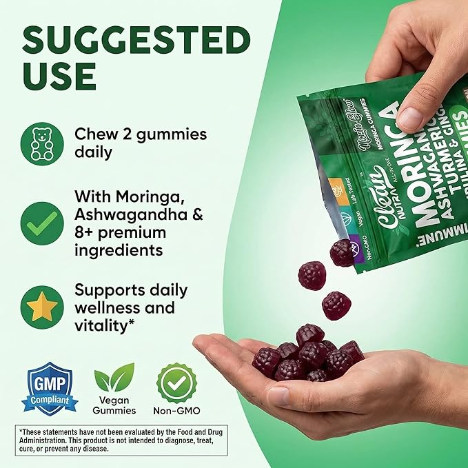 Clean Nutra Moringa Gummies | Pure Moringa Powder Supplement + Ashwagandha Turmeric Spirulina & Ginger Energy, Skin, Immune & Gut Health Green Superfood - Moringa Capsules Alternative
