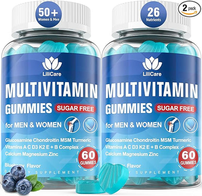 Methylated Multivitamin for Men/Women Gummies, Mens/Womens Multivitamin 50 Plus, with Glucosamine Chondroitin MSM Echinacea Sugar Free Chewable Multi Vitamins B D3 K2 A C E for Adults Seniors, 120 Cts