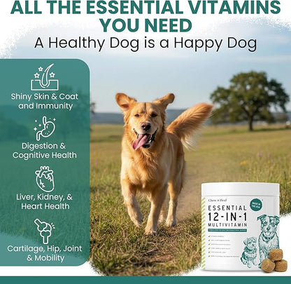 12-in-1 Multivitamin for Dogs - 240 Puppy and Senior Dog Vitamin and Supplement Soft Chews for Hip and Joint - Advanced Formula with Glucosamine, Omega 3,6,9, Vitamins, Probiotics, and More