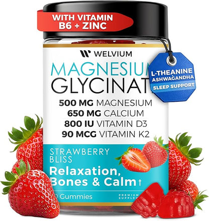 Magnesium Glycinate Gummies with Ashwagandha, L-Theanine - 500mg Magnesium Glycinate, D3, K2, B6, Calcium, Zinc, Potassium Supplement for Muscle, Immune and Bone Support, Chewable Magnesium
