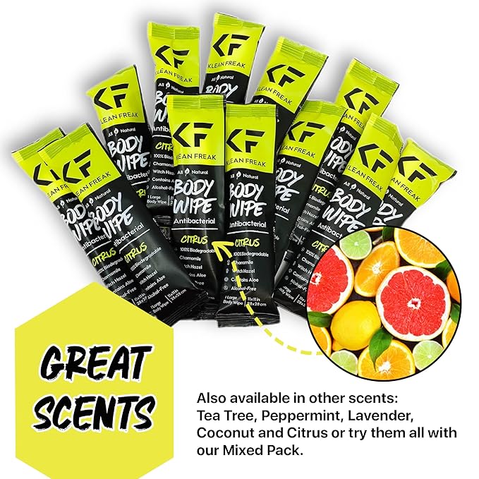 The Klean Freak Body Wipes - 12 count Individually Wrapped | Showerless Body Wipe for Women & Men | Sustainable Bodywipes for Gym, Travel, Camping | Citrus