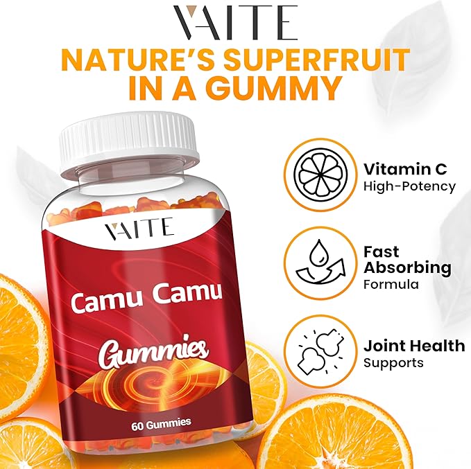 VAITE Camu Camu Vitamin C Gummies for Skin and Hair – Antioxidant-Rich, Vegan, Gluten-Free Supplement for Immune Support, Energy Boost, and Collagen – 60 Chewables for Active Men and Women