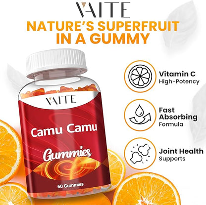 VAITE Camu Camu Vitamin C Gummies for Skin and Hair – Antioxidant-Rich, Vegan, Gluten-Free Supplement for Immune Support, Energy Boost, and Collagen – 60 Chewables for Active Men and Women