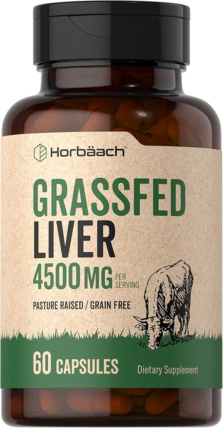 Horbäach Grass Fed Beef Liver | 4500mg | 60 Capsules | Desiccated, Pasture Raised, Grain Free, Non-GMO Supplement