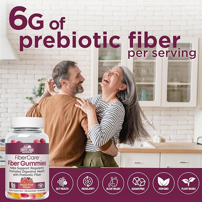 Country Farms Fiber Care Prebiotic Gummies,6g of Fiber Per Serving,GLP-1 Booster,FOS from Beets,Digestive Health and Bloat,Supports Regularity,Mixed Fruit Flavor,120 Gummies,40 Servings,(Pack of 2)