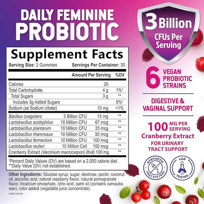 Nature's Nutrition Probiotics for Women Gummies with Cranberry - 6 Premium Strains for PH Balance, Digestive Health, Vaginal & Immune Support, Women's Probiotic Gummy for Feminine Health - 60 Gummies