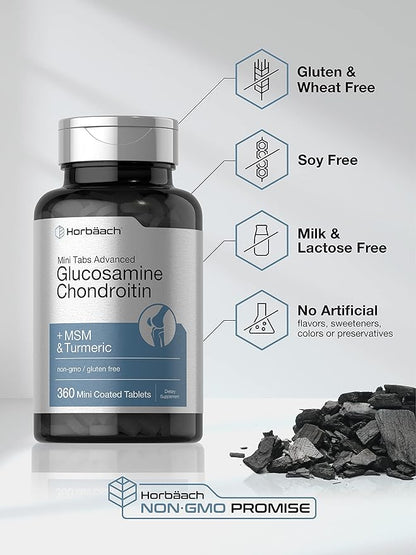 Horbäach Glucosamine Chondroitin MSM Turmeric | 360 Mini Coated Tablets | Advanced Glucosamine Formula | Non-GMO and Gluten Free Supplement