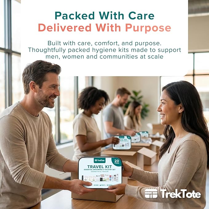TrekTote 20 Piece Hygiene Kit Bulk, Travel Size Toiletries Set, Care Package Supplies, Mini Deodorant Shampoo Body Wash Toothbrush Toothpaste Razor Kit, TSA Approved, Clear Bag