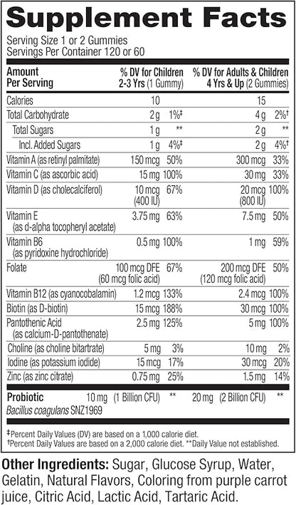 OLLY Kids Multivitamin & Probiotic Gummy,Digestive Support,Vitamins A,D,C,E,B,Zinc,Chewable Supplement,Berry Flavor,60 Day Supply -,120 Count (Pack of 2)