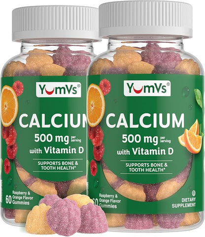 YUM-V'S Calcium 500mg with Vitamin D3 - Raspberry & Orange Flavor Calcium Vitamin D Gummies, Chewable Calcium Supplement for Kids & Adults, Vitamin D Calcium Gummies (60 Count (Pack of 2)