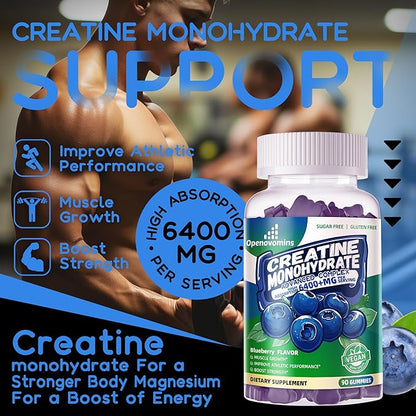 Creatine Monohydrate Gummies Complex for Men & Women -Advanced Formula W/L-Taurine + Vitamin B12, Sugar Free Chewable Supplement,180 Blueberry Gummies 2pack