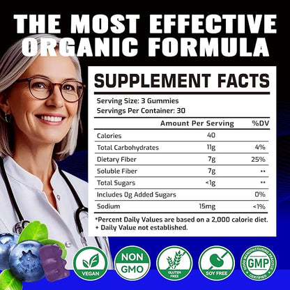 Prebiotic Fiber Gummies for Adults, 7G Extra Strength, Zero Sugar Added, 90 Pectin Based Gummies, Digestive Health & Regularity Support-Blueberry-2PACK