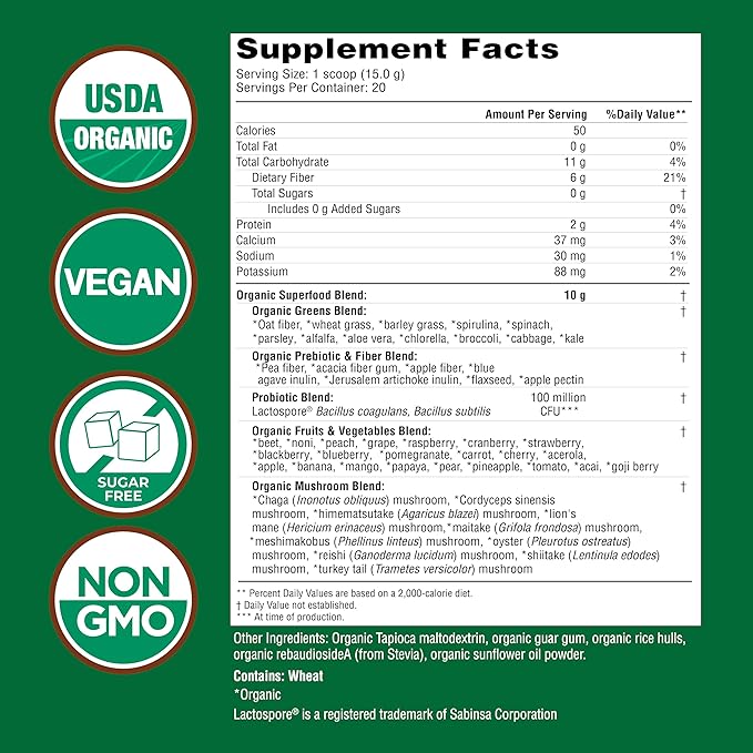 Country Farms Organic Super Greens Natural Flavor, 50 Organic Super Foods, Packed with Fiber, USDA Organic Drink Mix, Fruits, Vegetables, Mushrooms & Probiotics, Supports Energy, 6g Fiber
