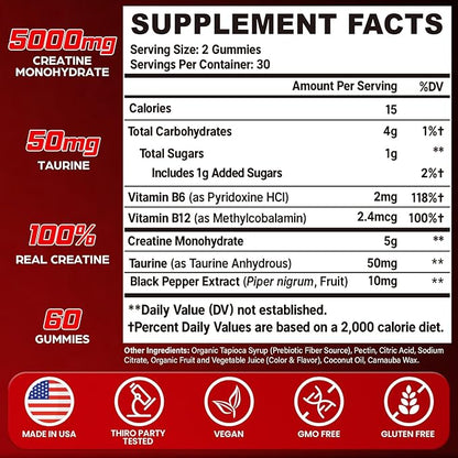 Creatine Monohydrate Gummies for Women & Men, Taurine & B6, Chewable Creatina Pre Workout Gummies for Max Strength & Muscle Growth, Energy, Endurance, Creatine for Men & Women - 1 Pack