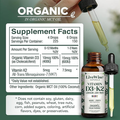 Live Wise Naturals Vitamin D3 K2 Drops for Babies - Concentrated Formulation, 225 Servings at 400 IU, 5 MCG (MK-7), Micro-Dose Dropper, Gentle Daily Supplementation, Early Development & Precise Dosing