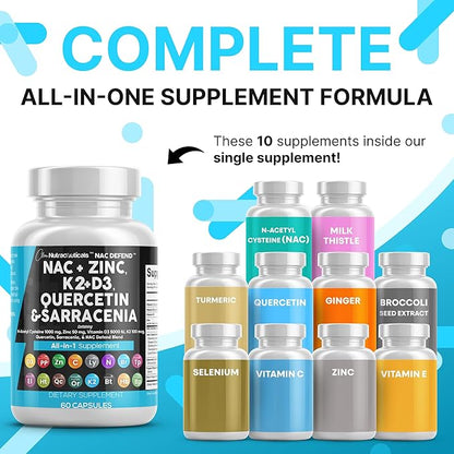 Clean Nutraceuticals NAC Supplement N-Acetyl Cysteine Vitamin D3 K2 Zinc Quercetin Sarracenia Purpurea with Elderberry Holy Basil Bee Propolis Bromelain L-Lysine (2)