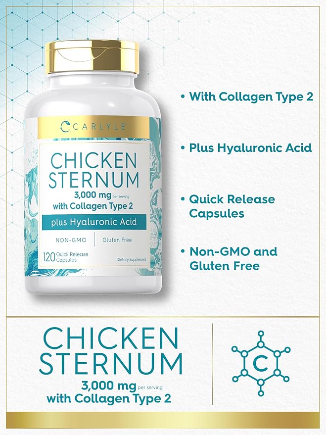 Carlyle Chicken Sternum Cartilage Collagen Capsules | Type II 3000mg | 120 Pills | Plus Hyaluronic Acid | Non-GMO, Gluten Free