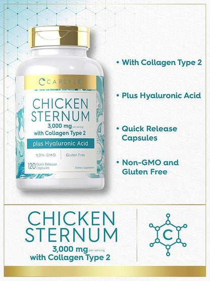 Carlyle Chicken Sternum Cartilage Collagen Capsules | Type II 3000mg | 120 Pills | Plus Hyaluronic Acid | Non-GMO, Gluten Free