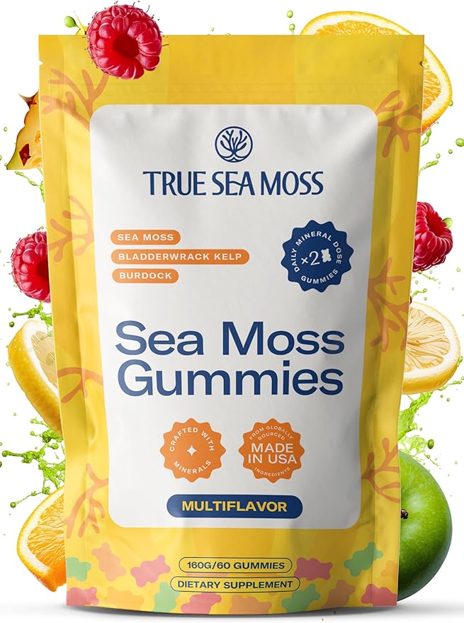 TrueSeaMoss Sea Moss Gummies with Bladderwrack & Burdock Root – Vegan Formula for Adults & Kids – Fruity Flavor – 60 Gummies (Pouch May Vary)