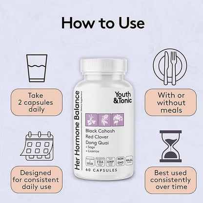 Youth & Tonic Her Hormone Balance – Menopause Supplement for Women, Perimenopause Support, Non-Hormonal Herbal Formula with Black Cohosh for Hot Flashes & Night Sweats, 60 Capsules