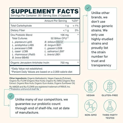 Ora Organic Probiotics with Prebiotics - 52 Billion CFU 11 Clinically Studied Strains for Digestive Health, Trust Your Gut, Gluten Free, 60 Capsules